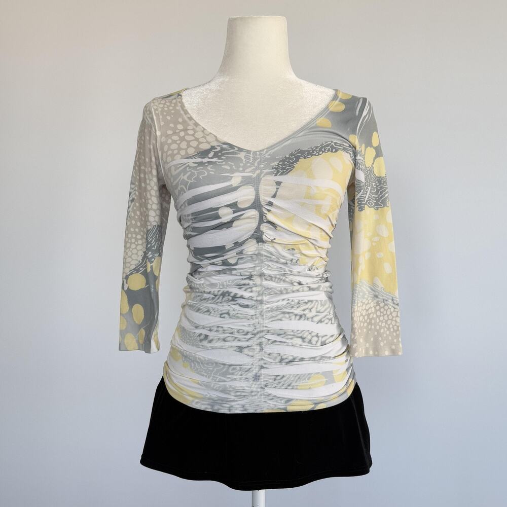 Last Tango Blouse Womens S/M Multicolor Abstract Ruched V Neck 3/4 Sleeve Top
